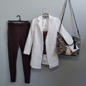 SHEIN White Textured Blazer Coat W/Faux Pearl Buttons & Pockets.